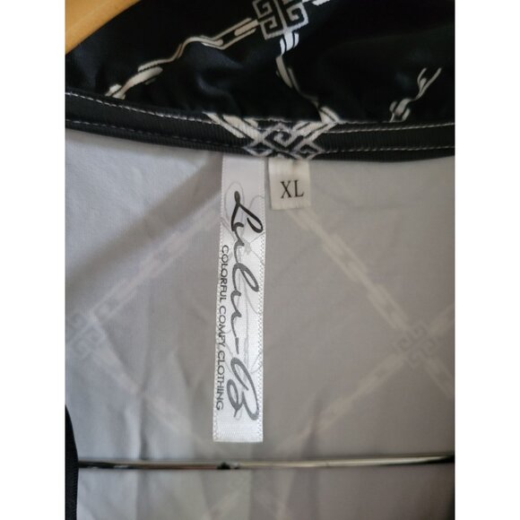 Lulu B Black White chain Print Maxi Dress Ruffled neck size XL UPF 50 Resort - Picture 2 of 10